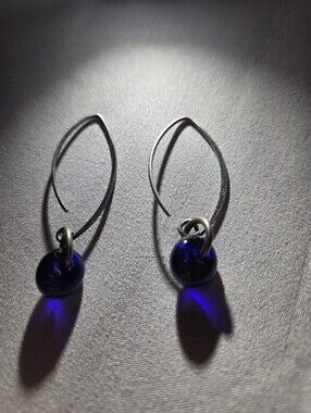 Silver Hoop Earrings with Deep Blue Glass Beads - Women Jewelry